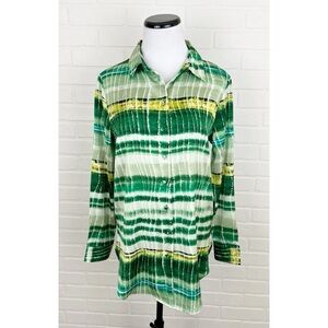 Jones New York Satin Button Down Shirt Green Bleach Print Long Sleeve Small